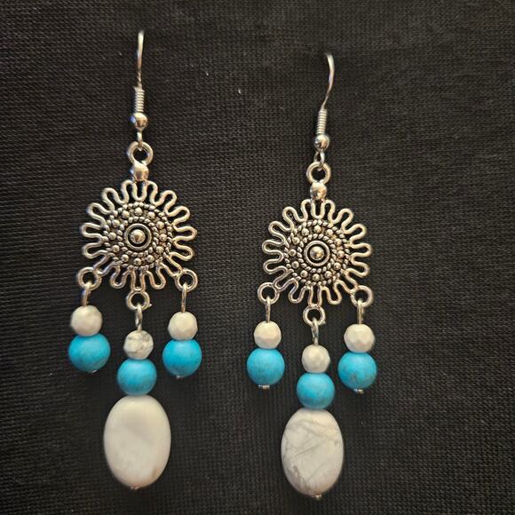 Hand Crafted Jewelry - Antique silver sunburst and dyed/natural howlite chandelier earrings